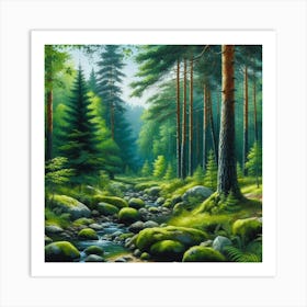 Stream In The Forest, Acrylic Painting Style 3 Art Print