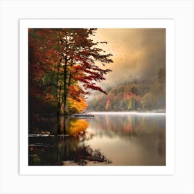 Autumn Leaves On A Lake with foggy- Tranquil foggy autumn scene in a misty Derbyshire forest bright art Art Print