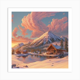 Mountain village snow wooden huts 9 Art Print