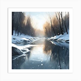 Winter Woodland Landscape, River Reflections 4 Art Print