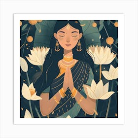 Indian Woman With Lotus Flowers Art Print