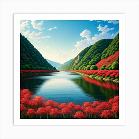 Red Flowers In A River Art Print