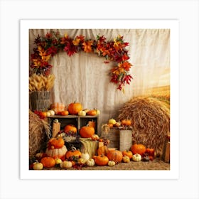 Autumn Harvest Scene Arranged Rustic Style Brimming With Seasonal Abundance Pumpkins Nestled Amon (7) Art Print