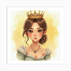 Watercolor Portrait Of Young Queen With A Background Of Soft, Golden Hues Art Print