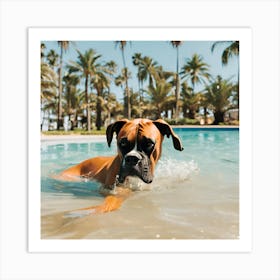 A dog boxer swimming in beach and palm trees 4 Art Print