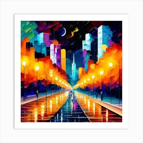 A visually stunning and abstract art print portraying the vibrant energy of a bustling cityscape at night. This contemporary and dynamic art print is perfect for urban enthusiasts and modern decor, adding a touch of metropolitan sophistication to any living space Art Print