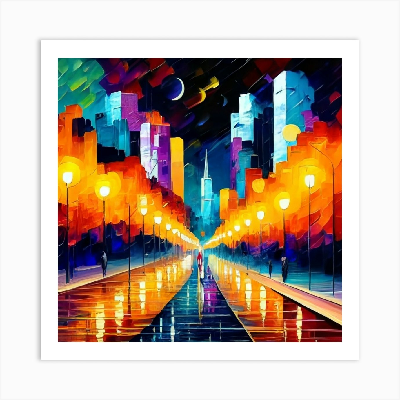 A visually stunning and abstract art print portraying the vibrant energy of  a bustling cityscape at night. This contemporary and dynamic art print is