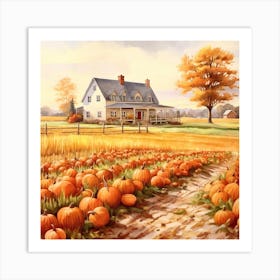 A Pumpkin Patch And Farmhouse In Watercolour Art Print
