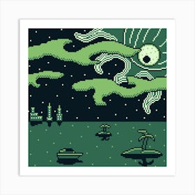 Pixel Art Ship Sea Monster Boat Island Night Art Print