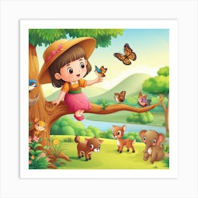 Lovely little girl playing with animals Art Print