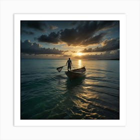 Man In Boat At Sunset Art Print