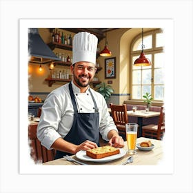 Watercolor Portrait Of A French Chef At A Bustling Bistro, Warm And Inviting Atmosphere 1 Art Print