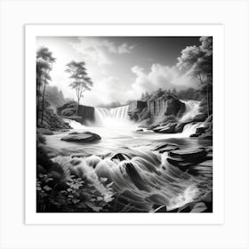 Waterfall In Black And White Art Print