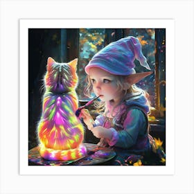 Cute Kawaii Gnome Girl Sitting And Painting Her Cats Back With Magic Brushstunning Masterpiece Art Print