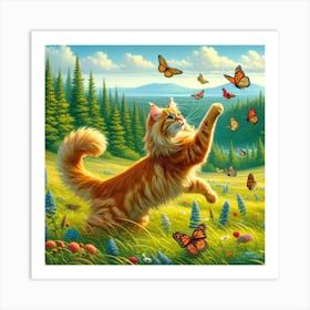 Cat Playing With Butterflies Art Print