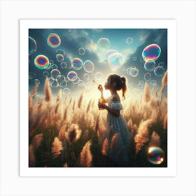 Little Girl Blowing Bubbles In The Field Art Print