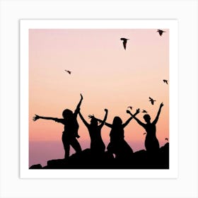 Silhouette Of Friends At Sunset Art Print