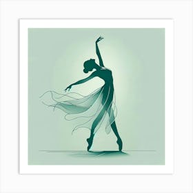 Title: "Silhouette Serenade: Ballet in Aquamarine"  Description: "Silhouette Serenade: Ballet in Aquamarine" is a mesmerizing digital art print that captures the essence of ballet in a serene aquamarine palette. The minimalist design highlights the elegant posture of a dancer, her silhouette adorned with flowing lines that suggest a gentle breeze. Ideal for lovers of ballet art, minimalism, and tranquil decor, this piece serves as a focal point for peaceful reflection. It's a must-have for those seeking to infuse their space with the grace of dance and the calming influence of cool, soothing colors. Enhance your art collection with this tranquil depiction of ballet's timeless beauty. Art Print