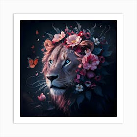 A Lion S Face Adorned With A Vibrant Array Of Flowers And Leaves Art Print