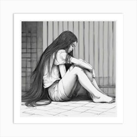 Sad Girl Sitting On The Ground Art Print