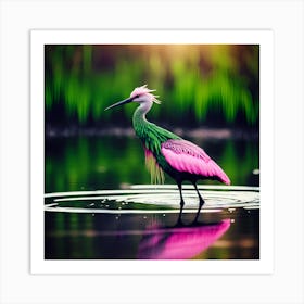 Pink and Green Wading Bird of the Tropical Lagoon Art Print