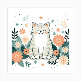 Cute Cat With Flowers 1 Art Print