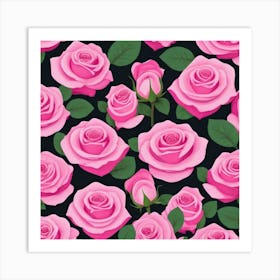 Pink Roses On Black Background Art Print