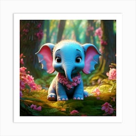 Firefly 3d, Animated, Cute, Little, Round, Turquoise, Elephant, Baby, Forest, Pink Flowers, Whimsica (7) Art Print