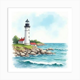 Scenic Coastal Lighthouse In Watercolor, With Waves And Rocky Shores Art Print