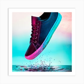 Sneaker In Mid Air Drenched In Turquoise And Pink Hues Bold Design Elements Catching The Light Fl Art Print