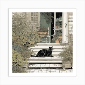 Black Cat On Porch Art Print