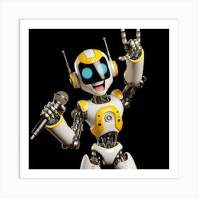 An illustration of a small, white and yellow robot with blue eyes, holding a microphone in one hand and making a rock and roll sign with the other hand Art Print