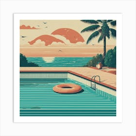 Retro Beach Scene Flat Design Illustration Art Print