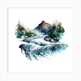 Watercolor Landscape With Mountains And River Art Print