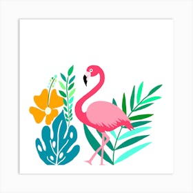 Pink Flamingo And Tropical Plants Art Print