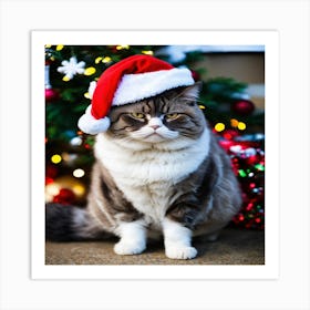 A Grumpy Fat Cat In A Christmas Hat (1) Art Print