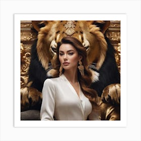 Beautiful Woman With A Lion Art Print