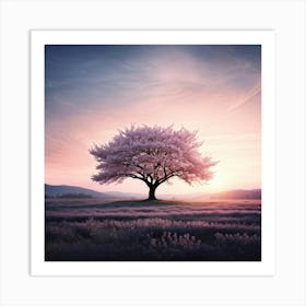 A Photorealistic Monochrome Scene Portraying A Lone Cherry Blossom Tree In A Vast Field Dipped In E Art Print