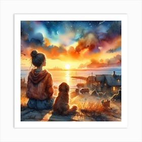 A girl watching a Sunset With her Dog Art Print