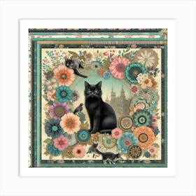 Black Cat With Flowers 3 Art Print