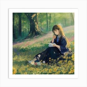 Girl Reading In The Forest Art Print