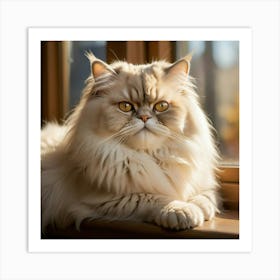 A serene portrayal of a fluffy Persian cat lounging on a sunlit windowsill Art Print