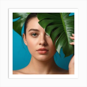 Portrait Of A Woman With Green Leaves 1 Art Print