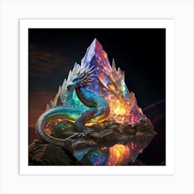 Firefly Dragon, Iridescent, Scales, Gemstones, Light, Reflection, Perched, Mountain, Peak, Mythical, (9) Art Print