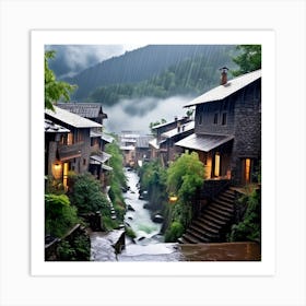 Rain In A Mountain Village Falls On Crowded Houses And Trees And Water Flows Between Alleys Art Print
