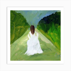 Runaway Bride painting square marriage woman white dress hand painted green Art Print