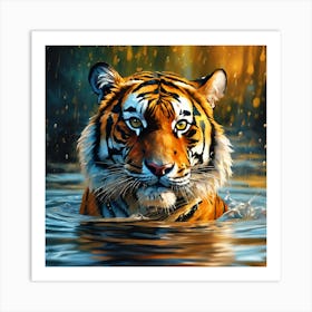 Swimming in the Rain, Bengal Tiger Art Print