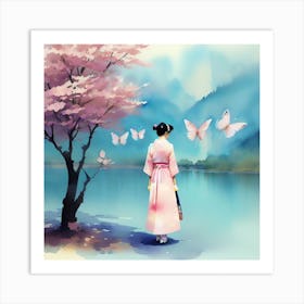 Asian Girl With Butterflies Art Print