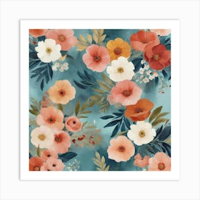 Flowers On A Blue Background art print Art Print