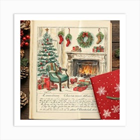 Vintage Christmas Journal Open To A Page Detailing A Festive Winter Holiday Scene Family Gathered B Art Print